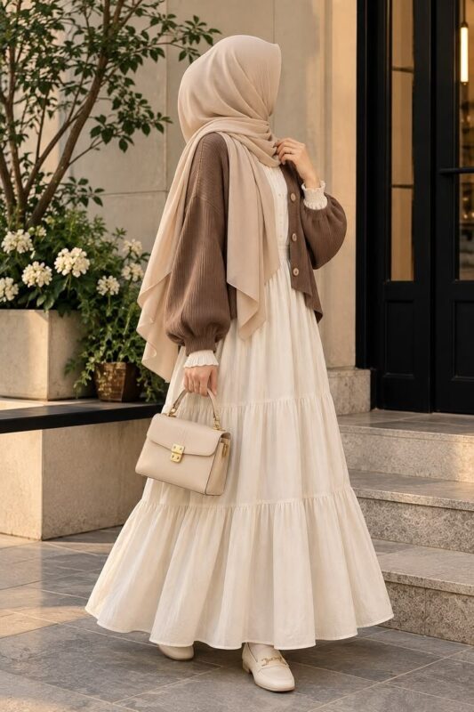 بلوز قهوه‌ای با دامن طبقه‌دار چین‌دار کرم و شال بژ، استایل پینترستی با دامن